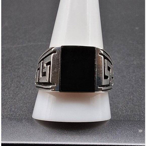 Men's Black Onyx Ring, Size 8.5, 925 Silver, Signet, Bold Modern Greek Style - Picture 1 of 10